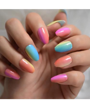 Buy Shiny Colorful Press On Nails | Ombr Rainbow Fake Nails Set - 24pcs Medium Size - Buy Online on SooperMarket.com