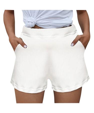 Ronony ladies sweat shorts striped sport short trousers with bag soft activewear shorts breathable stretch sport trousers high waist for pajamas run yoga fitness gym shorts m 001#white