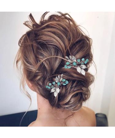 Earent Turquoise Leaf Crystal Wedding Hair Pins - Bridal Hair Accessories for Women and Girls (Pack of 2) - Buy Online on SooperMarket.com