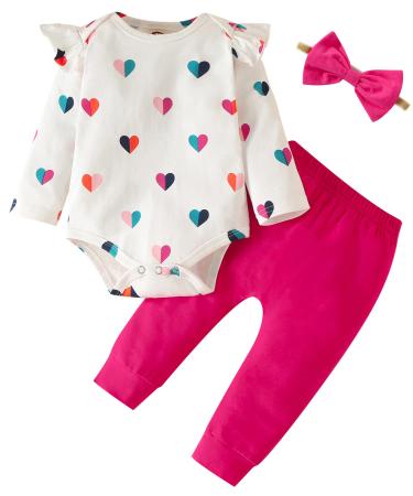 Koonde Baby Girl Clothes Newborn to 24 Months 3-piece Baby Girl Outfits Romper Trouser & Headband 0-3 Months Cream Heart + Magenta