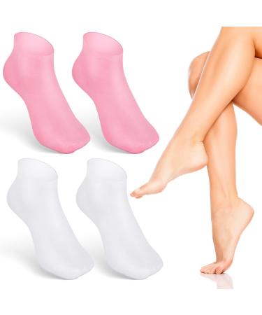Noverlife 2 Pairs Silicone Moisturizing Socks Anti Slip Aloe Socks for Dry Cracked Feet Women & Softening Dry Cracked Feet Rough Skins Calluses Spa Gel Socks Foot Care After Pedicure - Pink & White