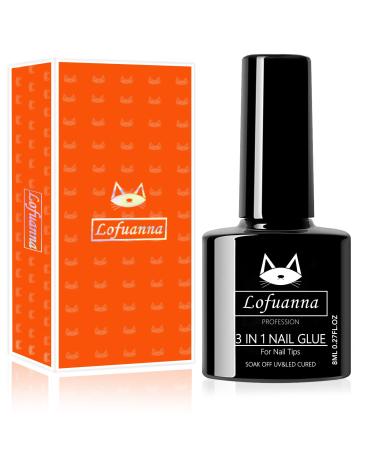 Lofuanna 3 in 1 Nail Glue Gel for Nails,8ML Gel Nail Glue with Brush,Curing Needed Nail Glue for Fake Nail,Glue Gel for Nail Tips,Base Coat,Slip Solution for Poly Nail Gel(1Pcs)