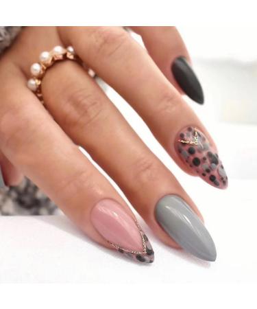 JUSTOTRY 24 Pcs Animal Print Stiletto False Nails Short Pattern Grey French Press on Nails Glitter Fake Nails Short with Nail Glue Almond Stick on Nails for Women Nails Fake Nail for Nails Art grey&print 1
