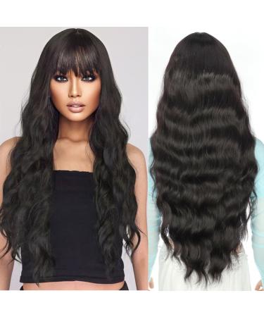 YEESHEDO Long Black Wigs for Women with Fringe Natural Looking Curly Wavy Synthetic Hair for Ladies Daily Wear or Halloween Cosplay 28 Inches Natural Black