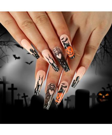 Halloween Press on Nails Short Coffin Fake Nails Stick on Nails Stick On Artificial False Nail Tips for Home and Salon JP2506