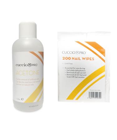 Cuccio 1 Litre Acetone and 200 Lint Free Nail Wipes Gel Removal Kit White