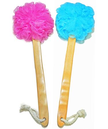 Shower Loofah Body & Back Scrubber - Exfoliating Loofah Bath Brush On a Stick - With Long Wooden Handle Back Brush For Men & Women - Easy Reach Body Wash & Lotion Applicator( 2 PACK- Blue&Red)
