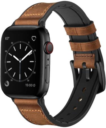 OUHENG Genuine Leather and Rubber Hybrid Band for Apple Watch 49mm/45mm/44mm/42mm - Brown/Black Adapter - Sweatproof Band for iWatch Series 8 7 6 5 4 3 2 1 SE2 SE - Buy Online on SooperMarket.com