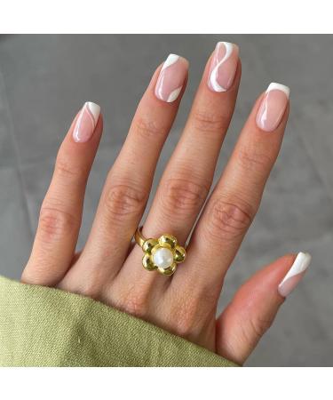 Short Press on Nails with Swirls Design White Full Cover Nails Square Fake Nails for Women and Girls(24PCS) 02