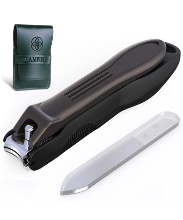 Nail Clipper with Catcher, GLAMFIELDS Large Fingernail Toenail Clippers Anti Splash, Stainless Steel Detachable Easy Clean Nail Cutter for Men Women Seniors (L+Nano Glass File) Black-set