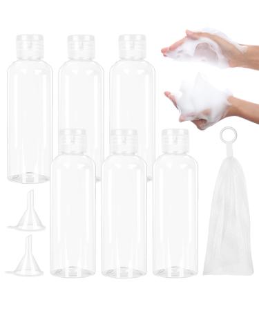 6 pieces empty travel bottle 100 ml empty travel bottles clear plastic travel container with 1 * soap bag and 2 * small funnels suitable for camping and short trips.