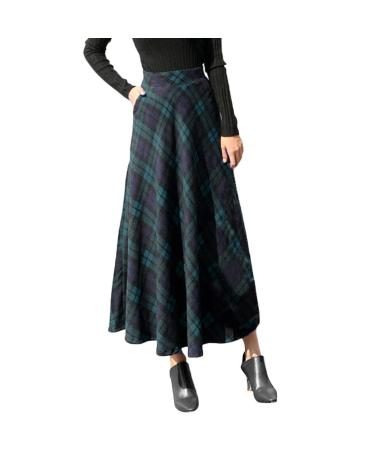 Sanahy Womens High Elastic Waist Maxi Skirt A-line Plaid Winter Warm Flare Long Skirts Vintage Wool Skirt Midi Skirt with Pockets XL Blue