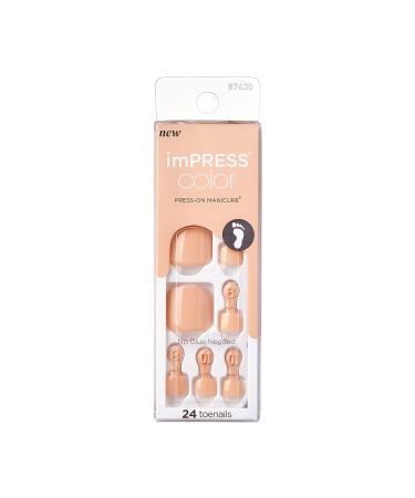 KISS imPRESS Color Press-On Pedicure Fake Toenails Kit  Style Sweet Love  Square Shaped  Dark Tan Press-On Nails  Includes Prep Pad  Mini Nail File  Cuticle Stick  & 24 Fake Nails