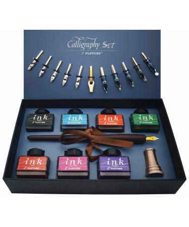 Plotube Calligraphy Pen Set   Includes Wooden Dip Pen  Antique Brass Holder  11 Nibs  7 Colors Ink Bottles and Beginner's Manual