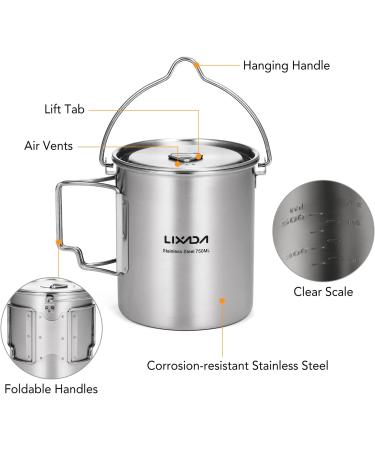 Lixada 750ml Stainless Steel Camping Cup Pot with Foldable Handles and Lid - Ideal for Outdoor Camping, Hiking, and Backpacking - Buy Online on SooperMarket.com