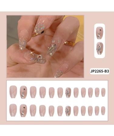 Glossy 3D Rhinestone Coffin Press On Nails - 24Pcs Medium Sparkly Glitter Designs for Women & Girls - Buy Online on SooperMarket.com