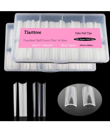 1000 PCS No C Curve Nail Tips  10 Sizes XXL Extra Long Square Flat Nail Tips  False Nails Acrylic Nails Fake Nails for Nail Salons and DIY Nail Art (1*Clear & 1*Natural)