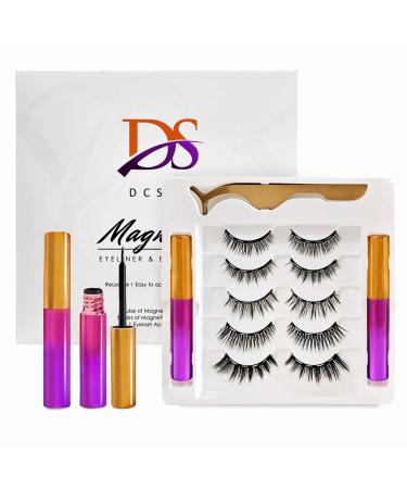 Magnetic Eyelashes with Eyeliner Kit - 3D Magnetic Eyelash Kit - 5 Pairs Reusable Magnetic Lashes Natural Looking with Tweezer - Eyelashes Magnetic - No Glue Needed