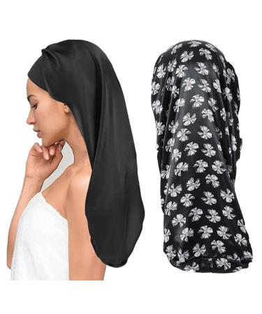 Ladaypoa 2 pieces women satin sleep cap silk hood for curly hair satin hair hood to sleep large double double -layer adjustable satin hood for women black+black loop