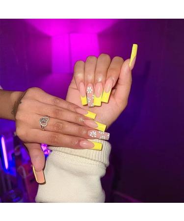Luvadeyo 24 PCs Yellow White Flower Press on Nails Long Summer Cute Nails Design Glue on NaChs Ballerina Fake Nails With Glue for Women Yellow Flower