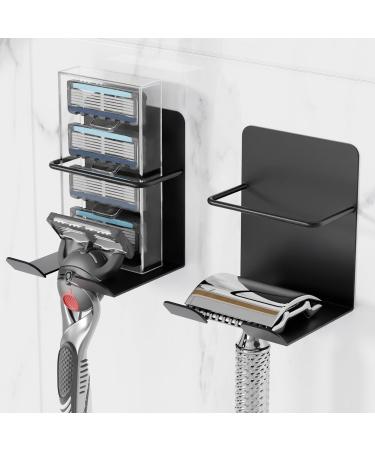 Pickspiff Razor holder with razor blade refill pack self-adhesive stainless steel rasier hooks wall mouth bathroom shower accessories black 2 pieces