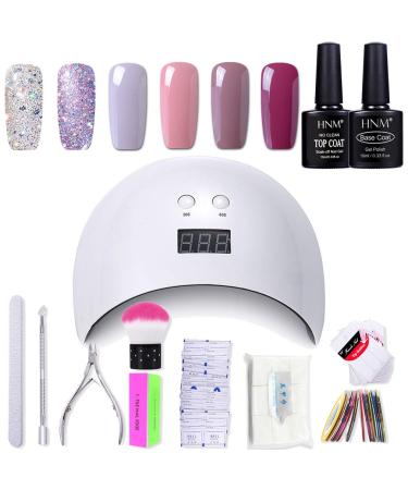 Gel Nail Polish HNM 6 Gel Nail Starter Kit with 24W LED Curing Lamp Base and Top Coat UV LED Soak Off Nail Polish Remover Wrap Manicure Tools Gift Set