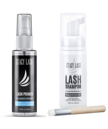 STACY LASH 50ml Shampoo + 40ml Primer / Eyelid Foaming Cleanser / Wash for Extensions and Natural Lashes / Paraben & Sulfate Free Safe Makeup & Mascara Remover / Professional & Self Use
