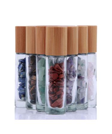 10ml Roll On Bottle For Essential Oils,10 Pack Clear Glass Roller Bottles With Natural Crystal Gemstone Roller Balls Top,Bamboo Lid,Thick Glass Essential Oil Bottles-Healing Crystal Chips Inside