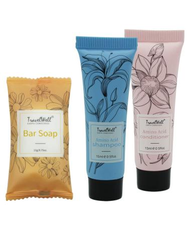 TravelWell Flower Series Hotel Amenities Toiletries Individually Wrapped 15ml/0.5 Fl Oz Shampoo 50 Tubes +15ml/0.5 Fl Oz Conditioner 50 Tubes + 21g/0.75 Oz Cleaning Soap 50 Bars Kit 1