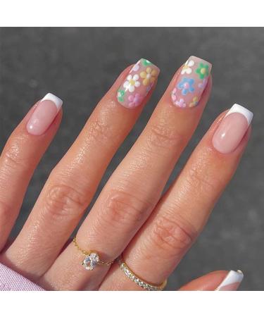 RikView French Tip Press on Nails Medium Acrylic Nails White Nails with Flowers Design Square Fake Nails Flowers-Square