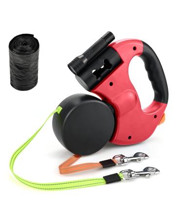 Double Retractable Dog Lead Reinforced Extendable with Non-Slip Handle Dog Lead with LED Light and Rubbish Box for Walking 2 Dogs 360 Tangle-Free Strong Nylon Band One-Hand Brake (Red)