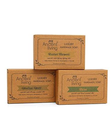 BlueQueen Natural Daily Bath needs (Handmade soaps) - 100 gm each Kasturi Turmeric Soap for Radiance Multani Mitti Soap for Anti Aging Tulasi Soap for Cleansing