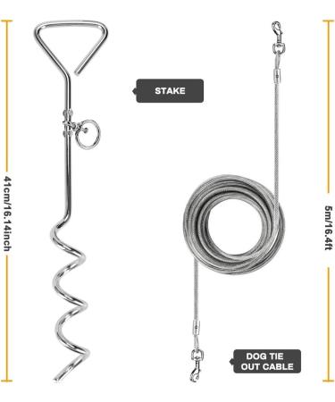 XhuangTech 16.4ft Dog Tie Out Cable with 16 inches Heavy Duty Spiral Ground Stake Spike for Dog Up to 130 lbs for Playing Camping and Backyard in Ground - Buy Online on SooperMarket.com