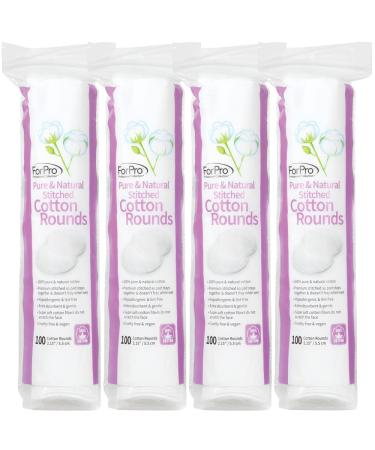 ForPro Pure & Natural Stitched Cotton Rounds for Face (400-Count), 100% Pure Cotton Makeup Remover Pads, Hypoallergenic, Lint-Free, Vegan & Cruelty-Free, Pack of 4-100 Cotton Pads