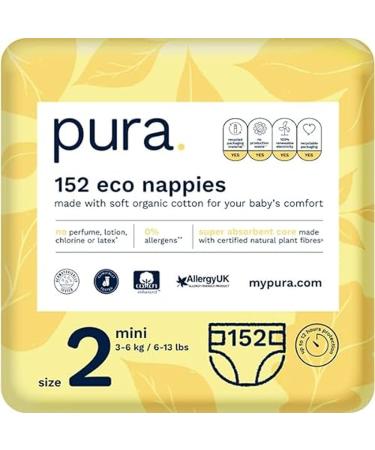 Pura eco-diapers size 2 (mini 3-6 kg) 152 diapers (4 x 38 p Pack) monthly box certified with EU Ecolabel for sensitive skin made of organic cotton odorless moisture indicator size 2 (152 diapers)