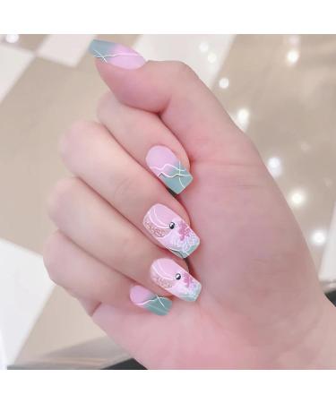 Acrylic Press On Nails False Nails Square Fake Nails with Glue Reusable Cute Press On Nails Gradient Flower Fake Nails with Designs Full Cover Medium Coffin - Buy Online on SooperMarket.com