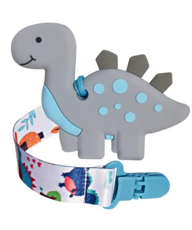 BIGSPINACH 1 Soft Grey Dinosaur Teether for Babies and 1 Baby Pacifier Clip Valentines Day Gifts for Baby Boy Baby Boy Teething Toy Silicone Chew Toys for Baby