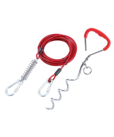 TOPWAY Dog Tie Out Cable 10m/33ft with Shock Absorbing Spring 42cm Spiral Ground Spike Stake Dog Tether Dog Leads for Yard Outdoor Camping Red + Red