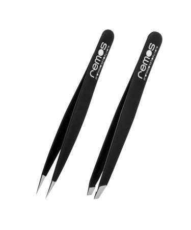 REMOS tweezers set 2-piece with eyebrow & splinter tweezers in black 2-piece Black