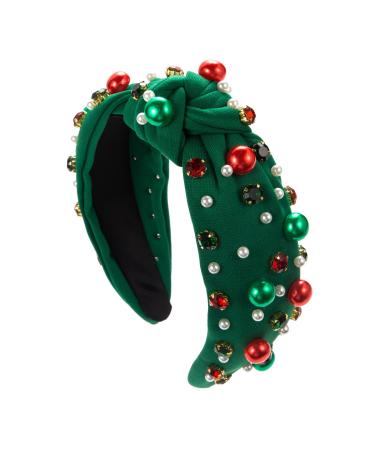 Bohue Rhinestone Pearl Knotted Headband Christmas Wide Headband Fashion Hair Bands Cross Knot Twisted Girl Hair Accessories for Christmas Party (Green)
