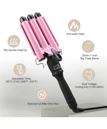 1 Inch Pink 3 Barrel Curling Iron Wand with LCD Display - Ceramic Tourmaline, Dual Voltage Hair Crimper for Waves, Adjustable Temperature, Portable and Quick Heating - Buy Online on SooperMarket.com