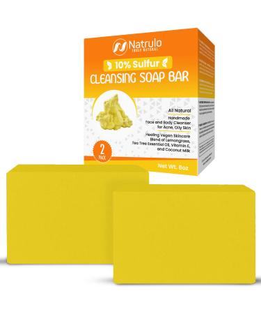 10% Sulfur Soap Cleansing Bar for Face & Body – All Natural Facial Cleanser for Acne, Oily Skin – Healing Skincare Blend of Lemongrass, Tea Tree Essential Oil, Vitamin E, Coconut Milk – 2 Pack Made in USA