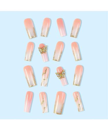 Buy Glossy Ombre Nail Press Ons - 24Pcs Coffin Fake Nails with 3D Butterfly & Gold Glitter - Ideal for Women - Buy Online on SooperMarket.com