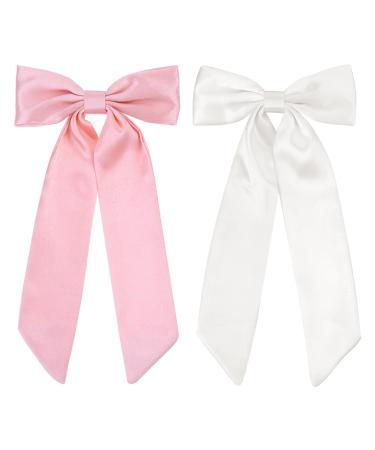 2 PCS Big Bow Hair Clips Soft Bowknot Hair Pins French Long Tail Hair Barrettes Ponytail Holder Slides Metal Headpieces Vintage Headwear Party Wedding Hair Accessories for Women Girls(white+pink)