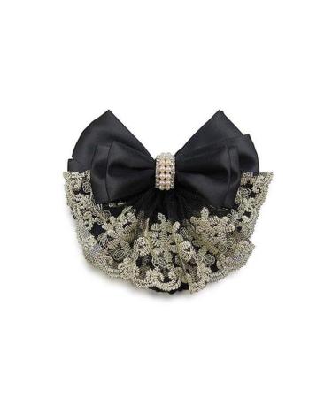 2Pcs Professional Hair Bun Cover Net Snood Hairnet Bowknot with Fan-shaped Lace Pearl Crystal Decoration Barrette Hair Clip Hair Accessories for Womens Nurse Stewardess with Work Clothes (Black)