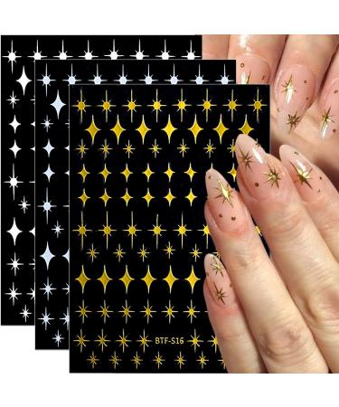 Dornail 8 Sheet Shiny Gold Stars Nail Stickers Silver 3D Four-Pointed Star Nail Decals Starlight Self-Adhesive Sticker Nail Designs Nail Accessories for Women Girl Nail Decorations Nail Art Supplies