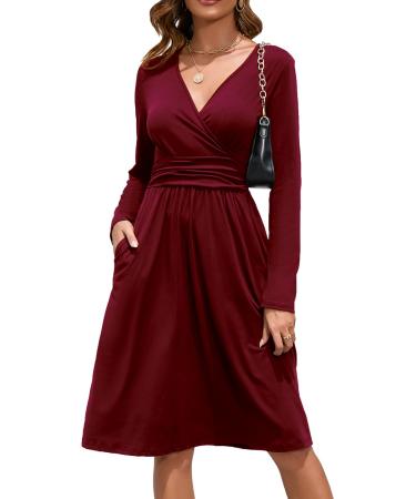 OUGES Women's Spring Casual Midi Dress Long Sleeve V-Neck Floral Ladies Wrap Dress with Pockets L Dark Red