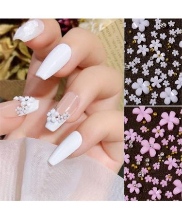 Dornail White Pink 3D Acrylic Flower Nail Charms with Pearl & Golden Caviar Beads - Nail Art DIY Decorations - Buy Online on SooperMarket.com