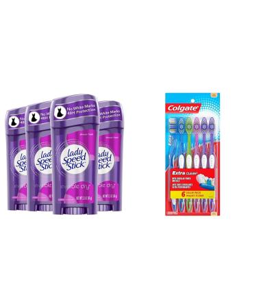 Lady Speed Stick Invisible Dry Antiperspirant Deodorant Shower Fresh 2.3oz 4 Pack & Colgate Extra Clean Toothbrush Soft Toothbrush for Adults 6 Count (Pack of 1) Packaging May Vary Shower Fresh + Toothbrush 2.3 Fl Oz (Pack of 4)