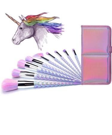 AMMIY Makeup Brushes 10pcs Unicorn Makeup Brushes Set With Colorful Bristles Unicorn Horn Shaped Handles Fantasy Makeup Brush Foundation Eyeshadow Unicorn Brush Kit With a Cute Iridescent Carrying Case silver